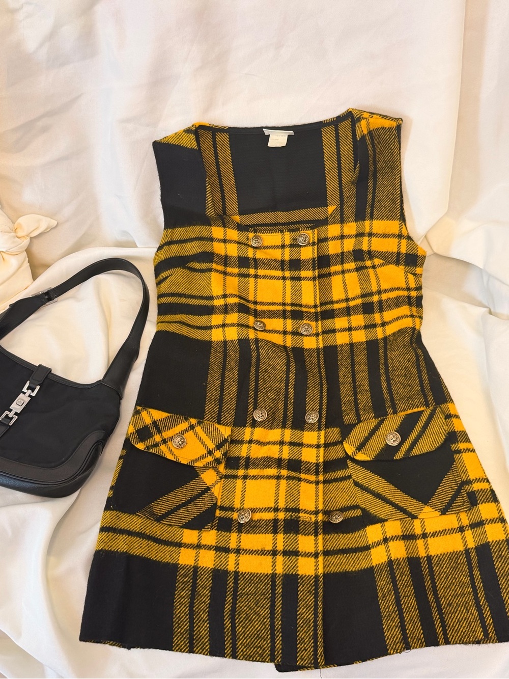 Sears Black and Yellow Plaid Sleeveless Button-Front Mini Dress